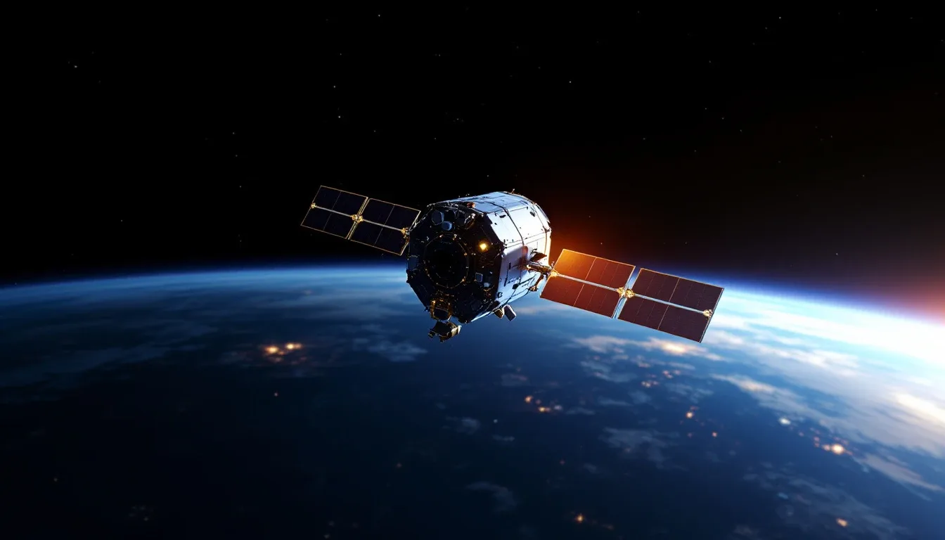 A communications satellite orbiting above Earth
