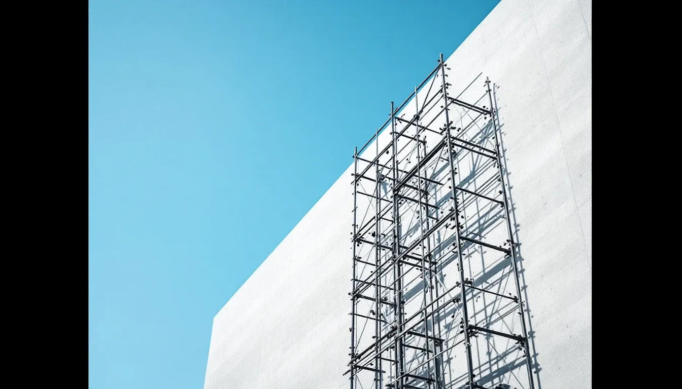 A metal scaffolding framework rising against a building under a blue sky