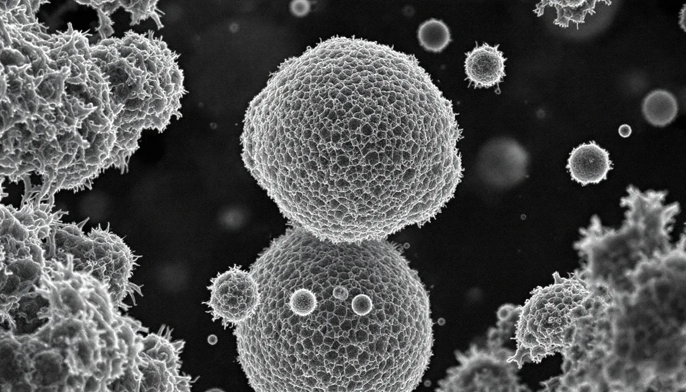 A black-and-white electron micrograph of spherical pollen grains