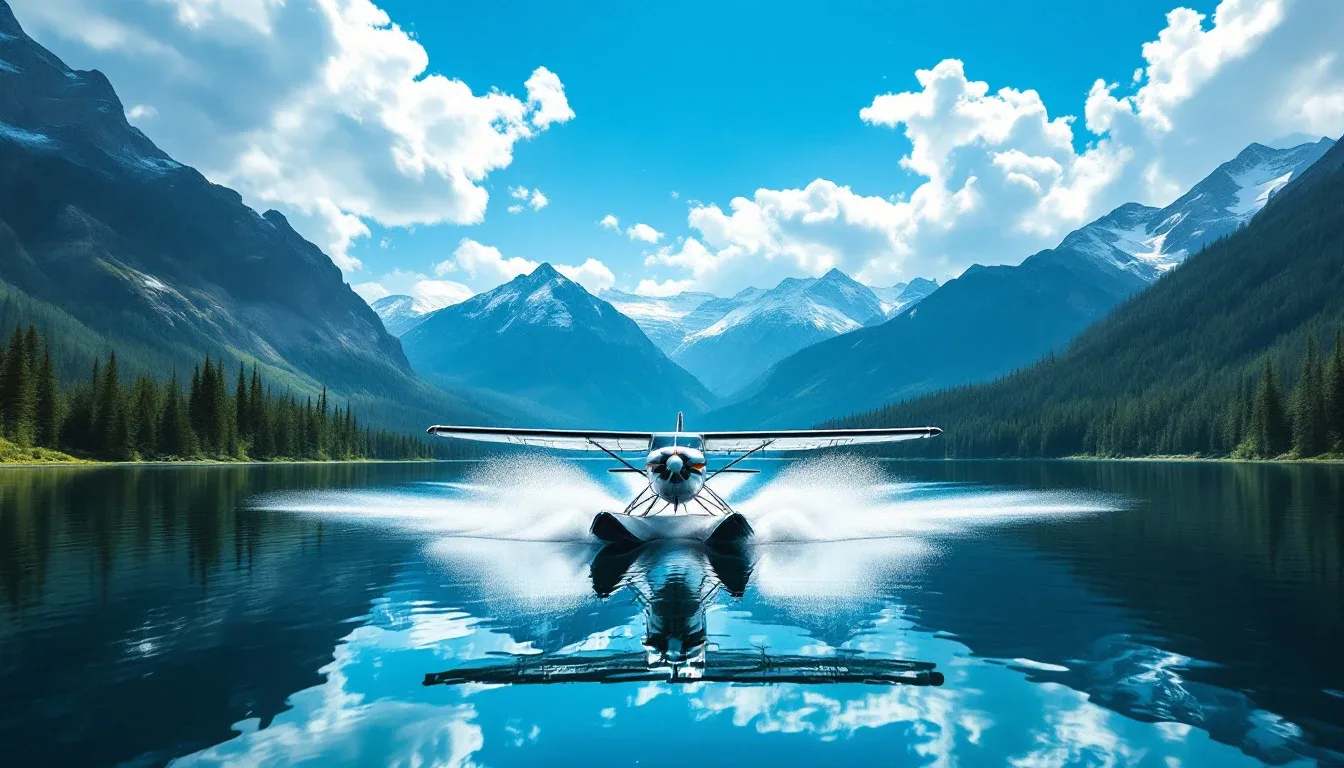 A floatplane skimming across a calm mountain lake