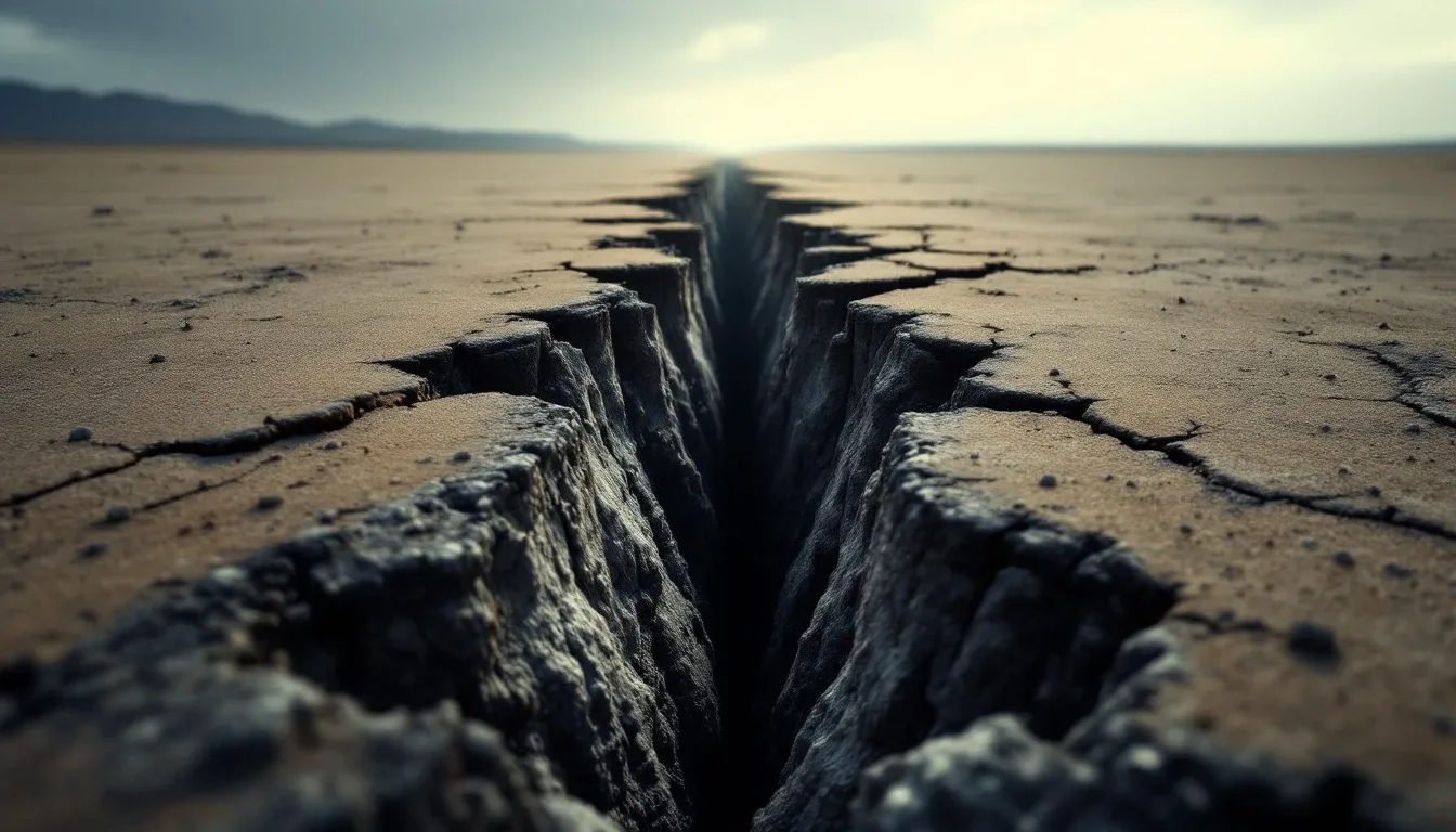 A deep fissure splitting cracked, dry ground toward the horizon