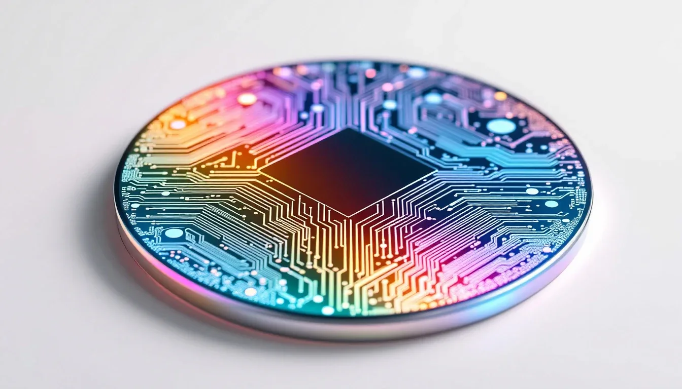 A silicon wafer covered in shimmering iridescent microcircuitry