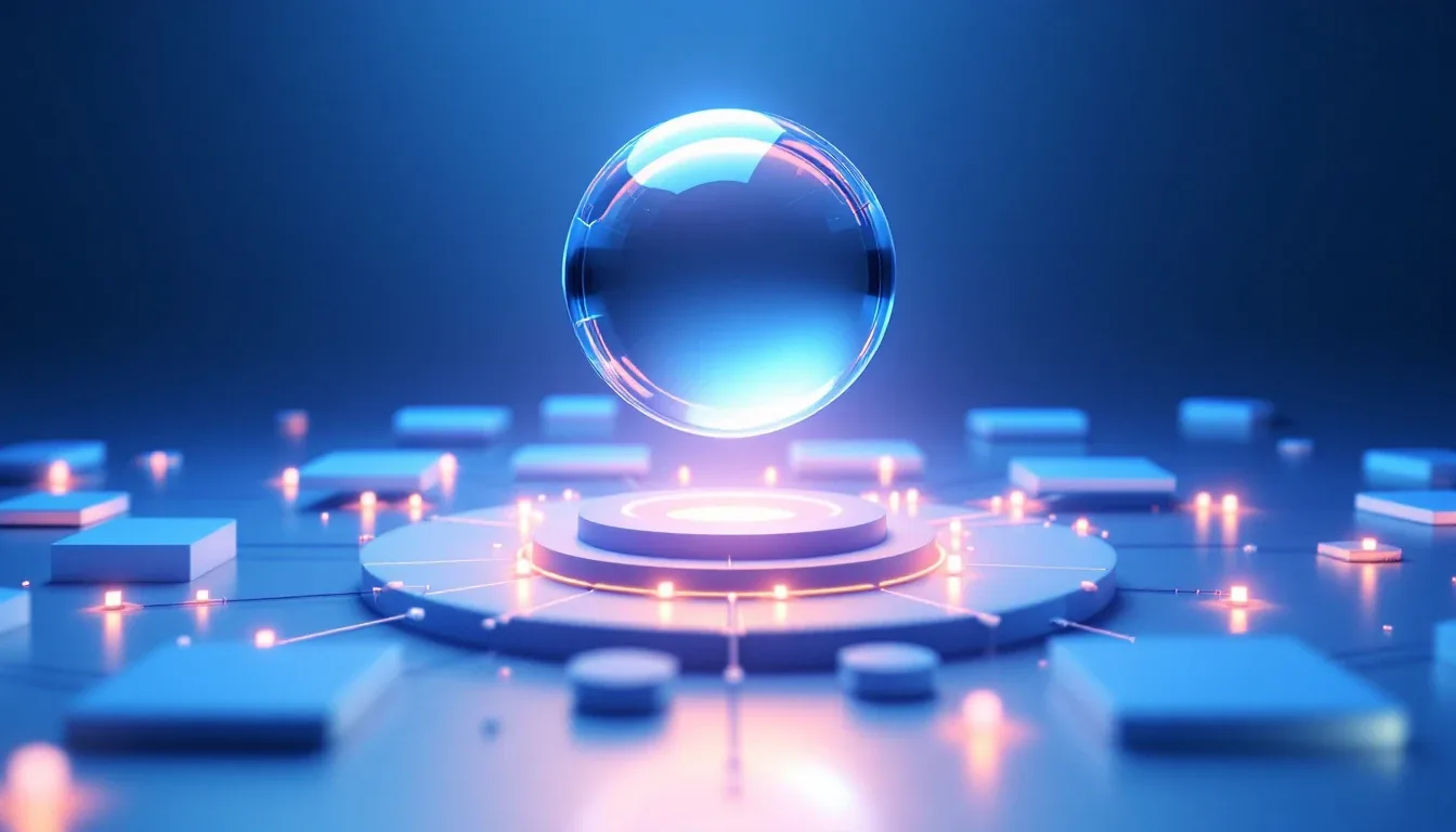 A luminous glass sphere above an abstract network of connected panels
