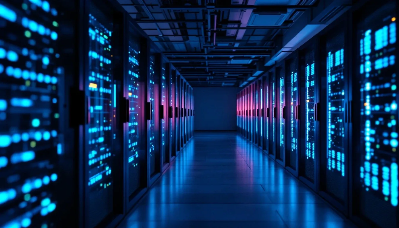 An aisle of glowing server racks in a modern data center