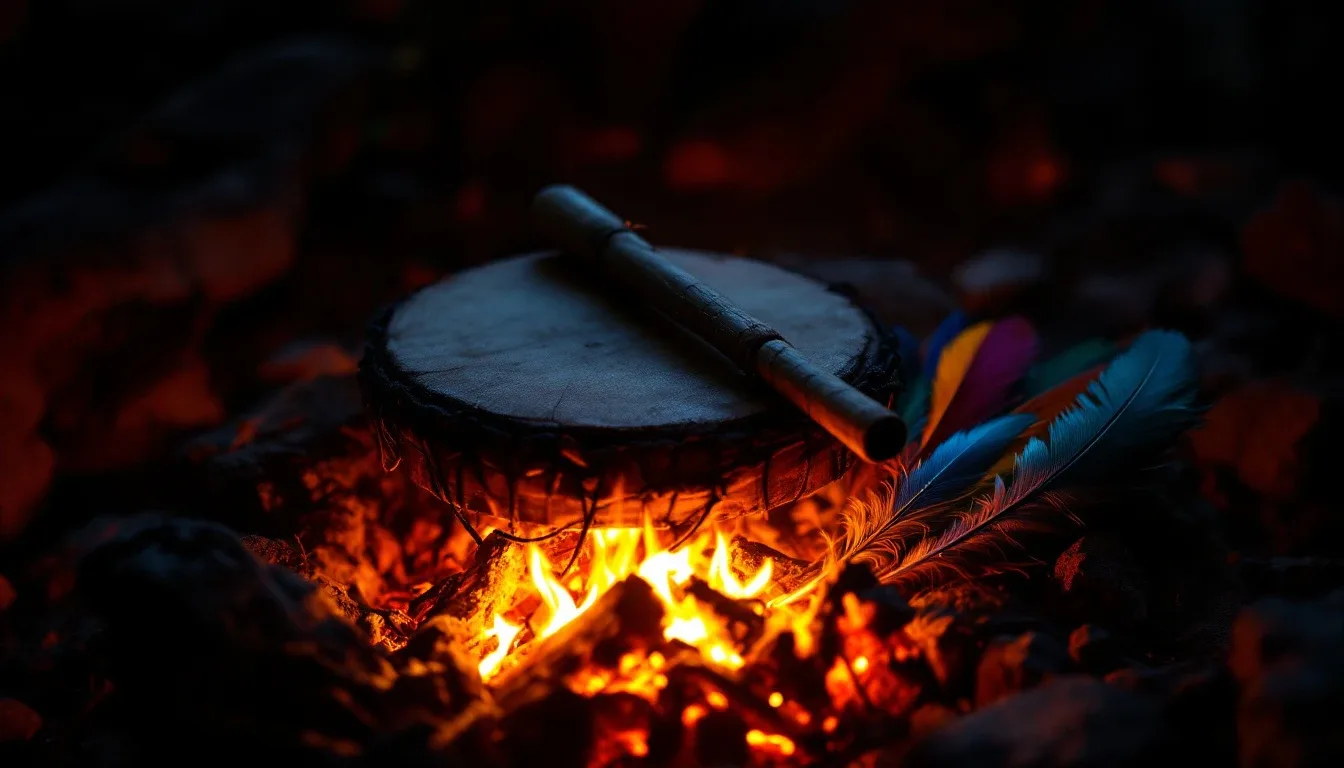 A shamanic frame drum and feathers beside a glowing ritual fire at night