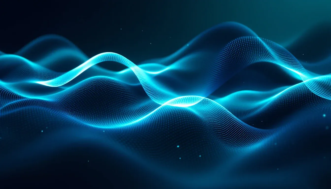 Smooth glowing blue waveforms flowing across a dark field