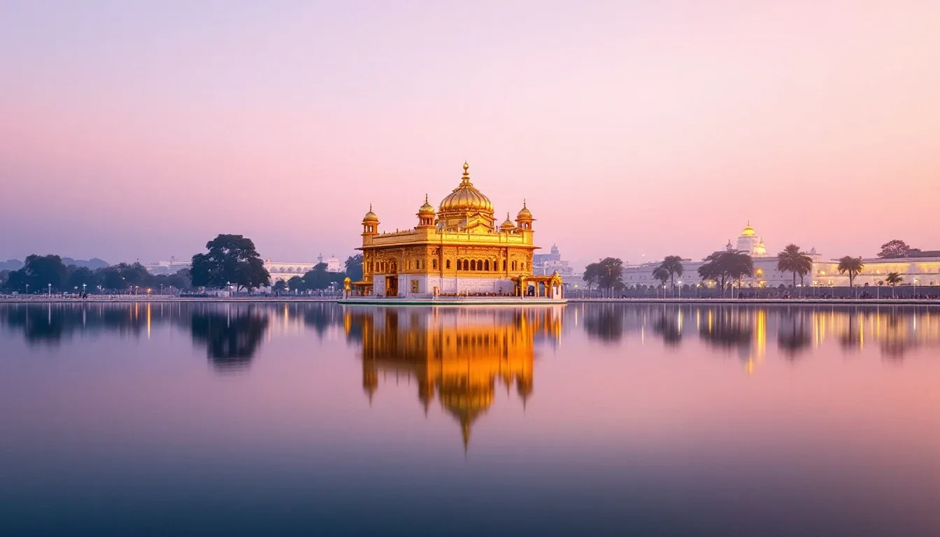 A golden domed temple reflected in calm water at dawn