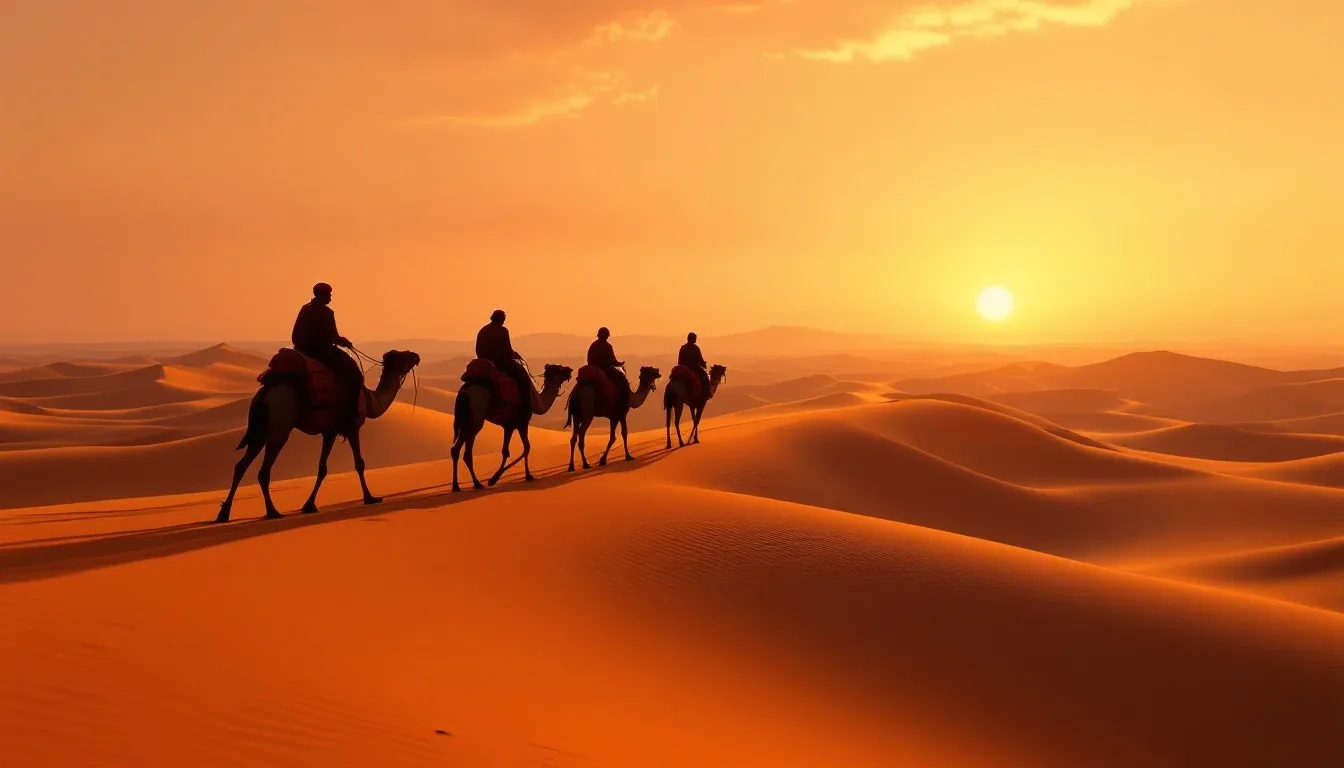 A camel caravan crossing desert dunes at sunset