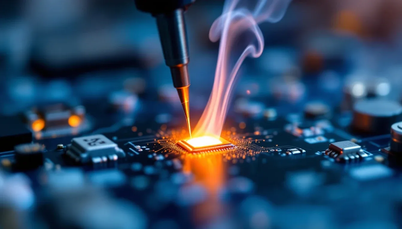 A soldering iron melting a glowing bead of solder on a circuit board