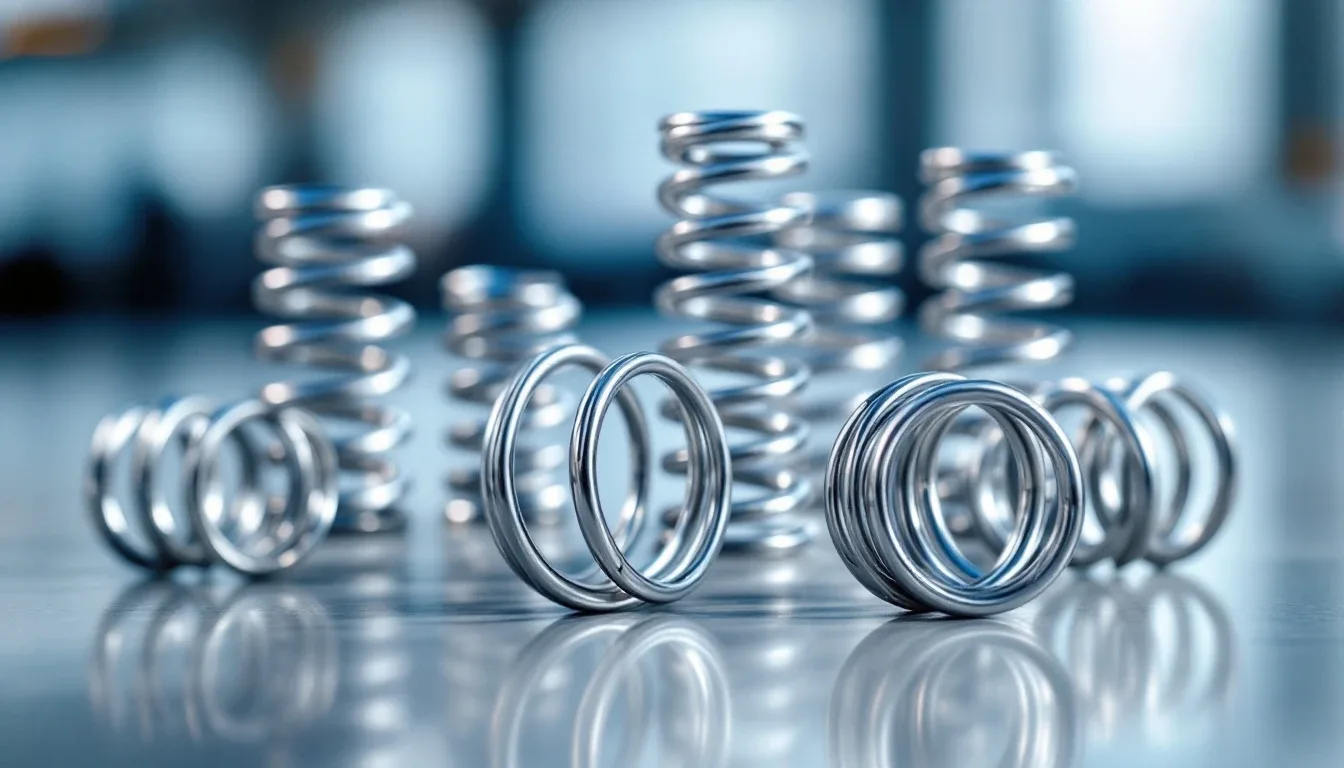Several shiny chrome coiled metal compression springs on a reflective surface