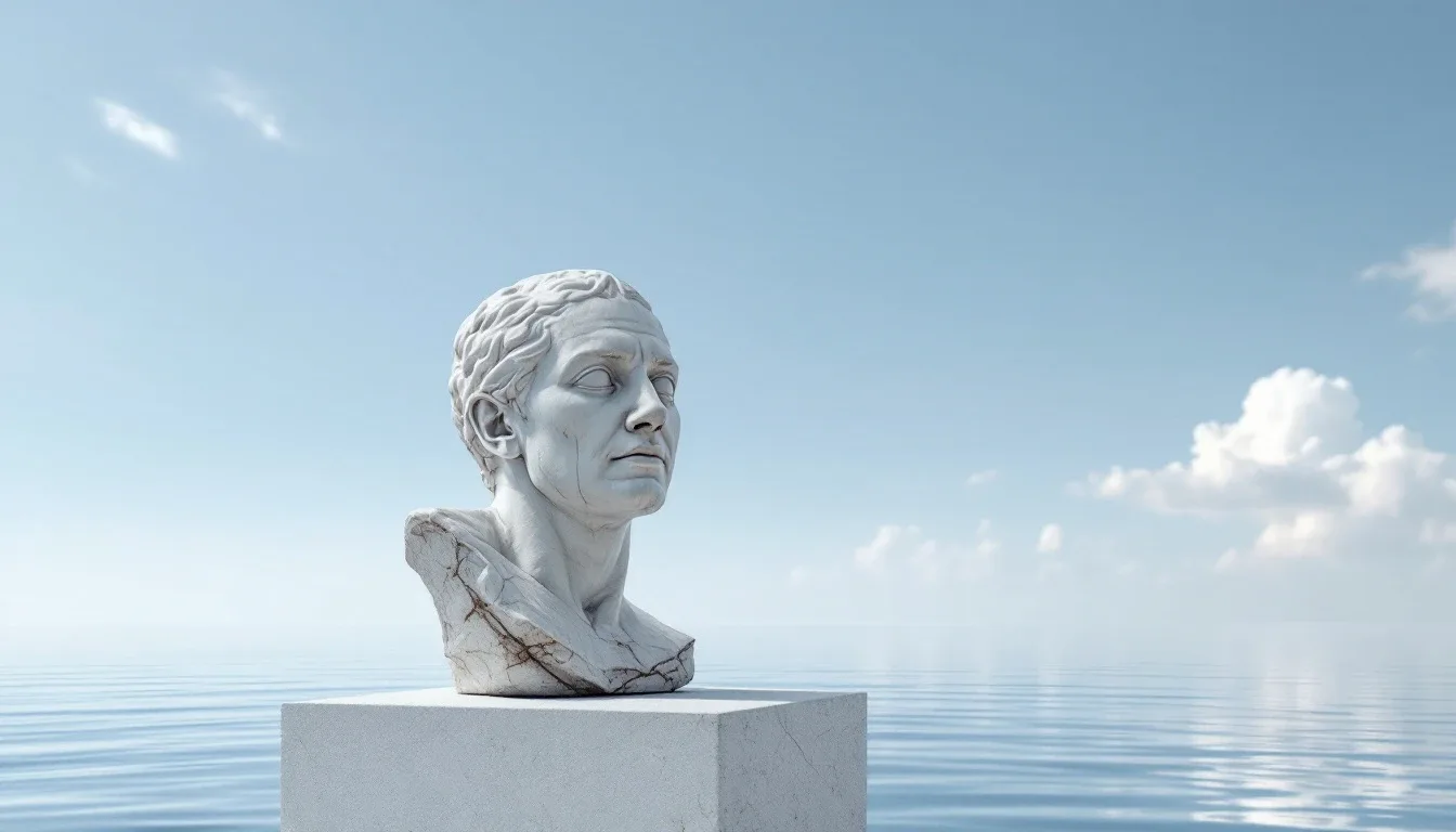 A classical marble bust beside a calm sea under a clear sky