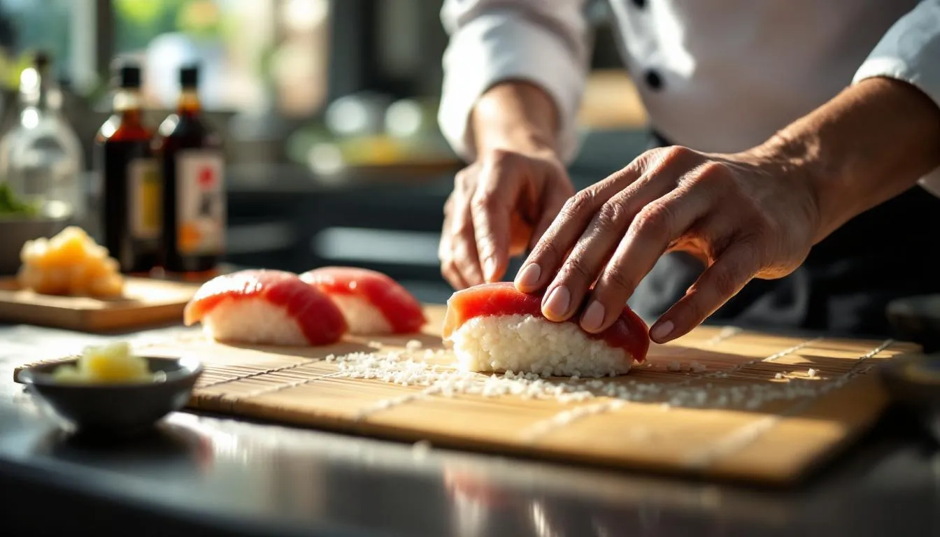 Editorial photograph representing the concept of sushi making
