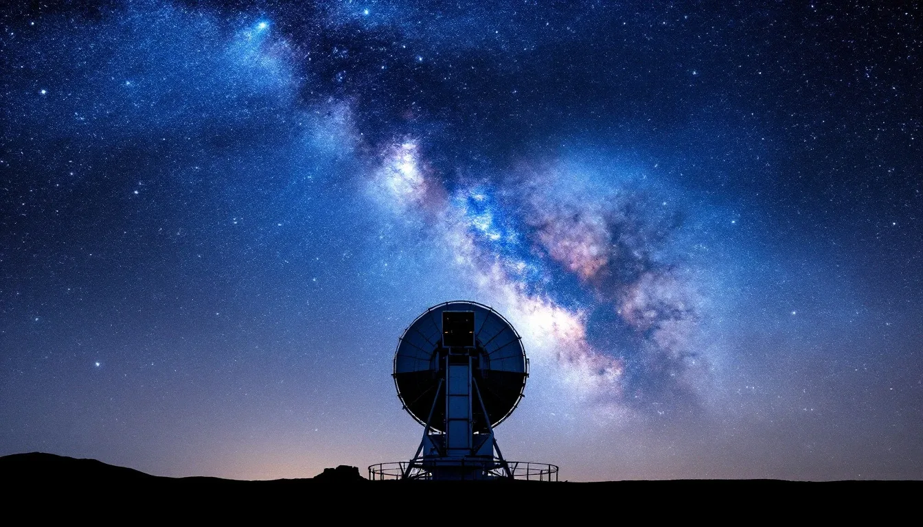 A telescope silhouetted against the Milky Way