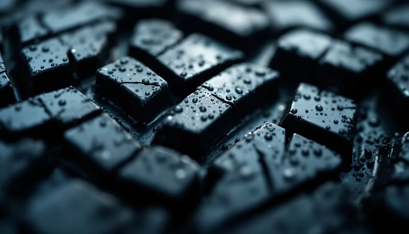 An extreme close-up of a rugged tire tread pattern beaded with water