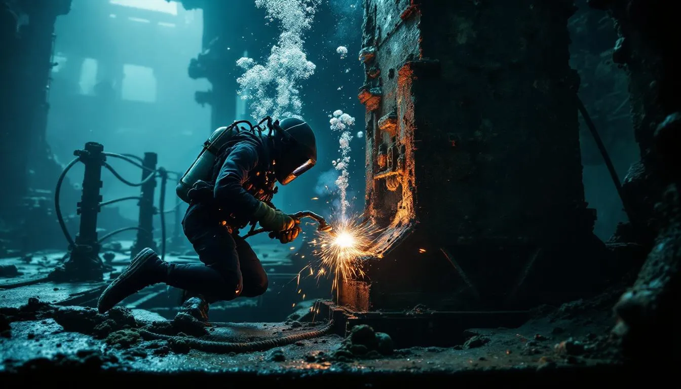 Editorial photograph representing the concept of underwater welding